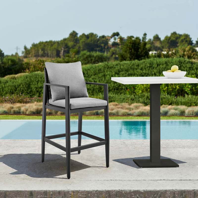 840254332669 Grand Outdoor Patio Bar Stool in Aluminum with Grey Cushions