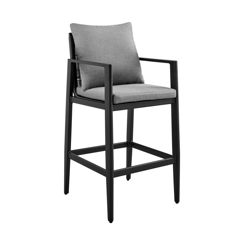 840254332669 Grand Outdoor Patio Bar Stool in Aluminum with Grey Cushions