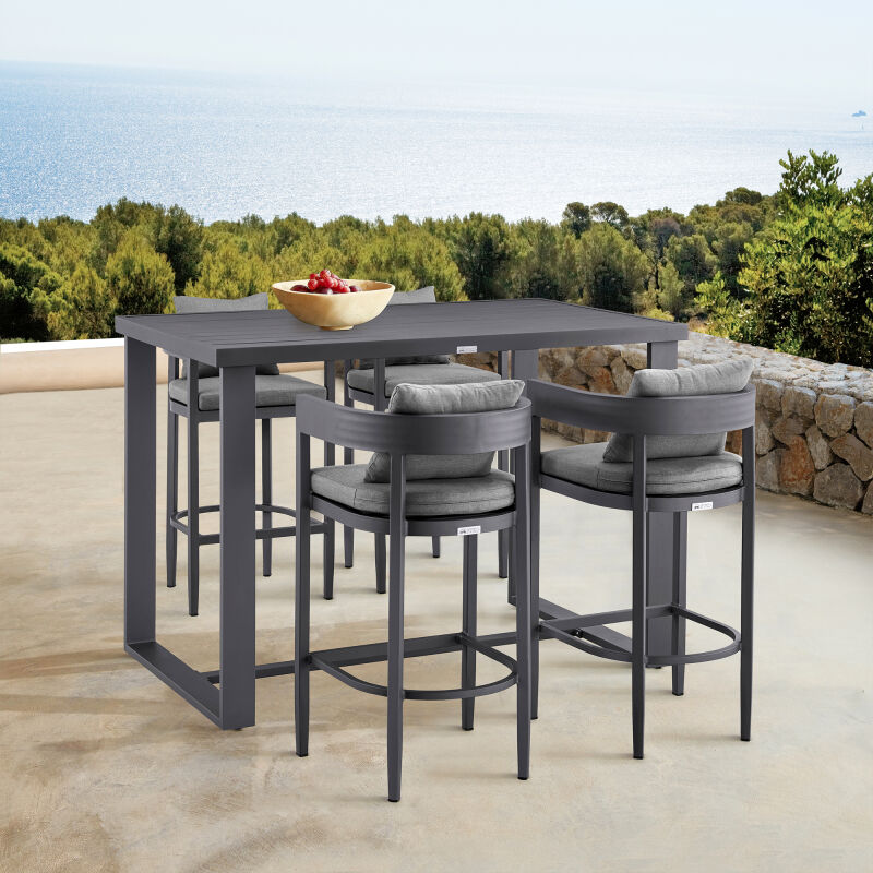 840254333178 Argiope Outdoor Patio 5-Piece Bar Table Set in Aluminum with Grey Cushions