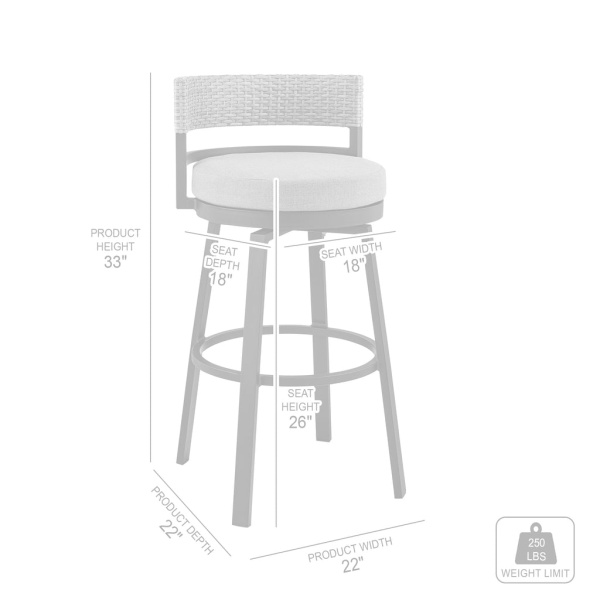 Armen Living Lcecbagr26 Encinitas Outdoor Patio Counter Height Swivel Bar Stool In Aluminum And Wicker With Grey Cushions 10