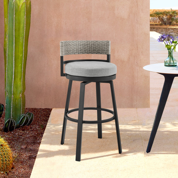 LCECBAGR30 Encinitas Outdoor Patio Swivel Bar Stool in Aluminum and Wicker with Grey Cushions