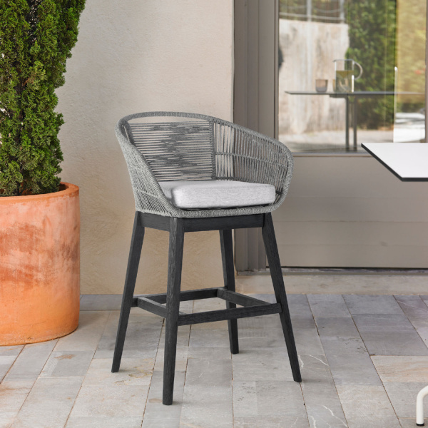 LCTFBAGRBL26 Tutti Frutti Indoor Outdoor Counter Height Bar Stool in Black Brushed Wood with Grey Rope