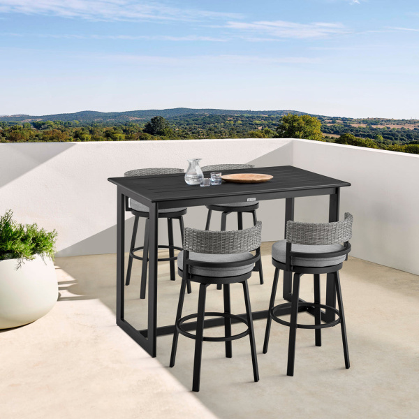 SETODEN5BLGRY Encinitas Outdoor Patio 5-Piece Bar Table Set in Aluminum with Grey Cushions