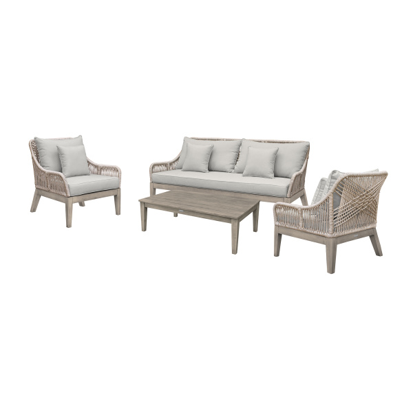 SETODHWGR Hawaii 4 Piece Outdoor Patio Furniture Set in Acacia Wood and Rope with Grey Cushions