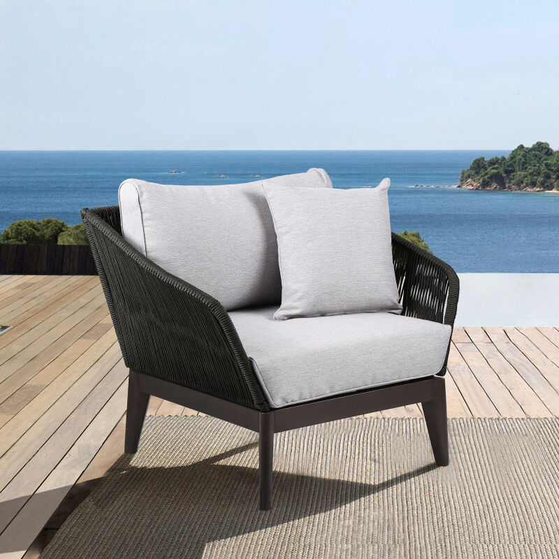 LCATCHWDDK Athos Indoor Outdoor Club Chair in Dark Eucalyptus Wood with Charcoal Rope and Grey Cushions