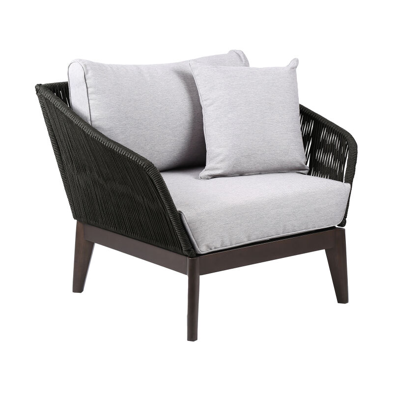 LCATCHWDDK Athos Indoor Outdoor Club Chair in Dark Eucalyptus Wood with Latte Rope and Grey Cushions