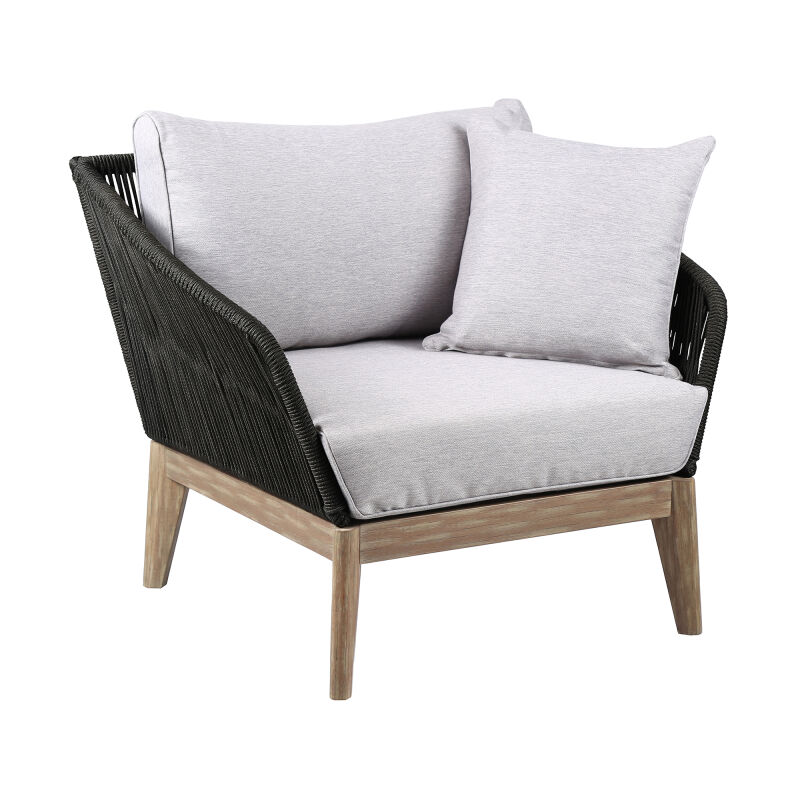 LCATCHWDLT Athos Indoor Outdoor Club Chair in Light Eucalyptus Wood with Charcoal Rope and Grey Cushions