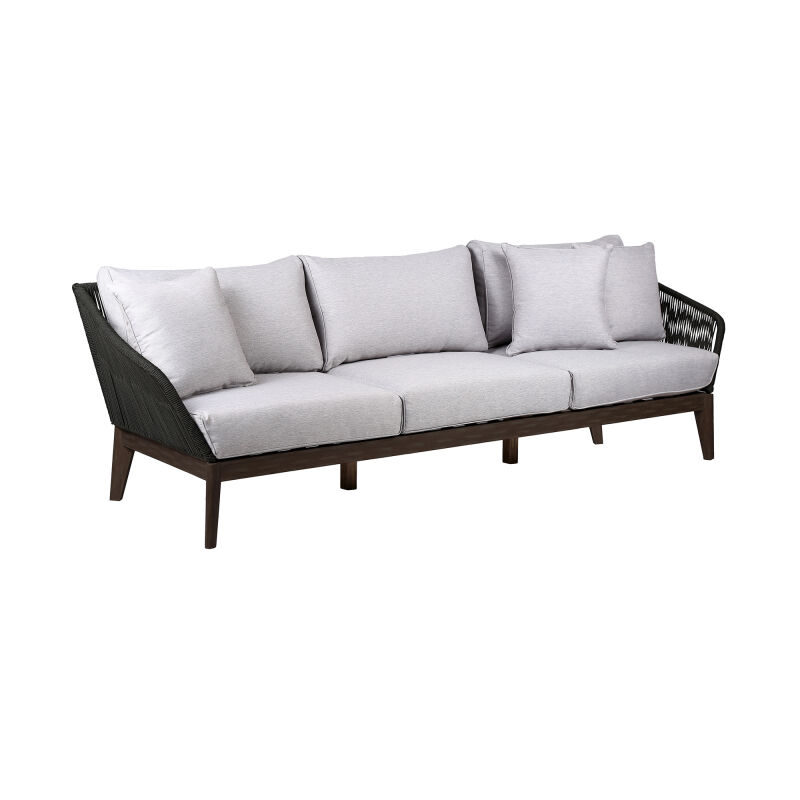 LCATSOWDDK Athos Indoor Outdoor 3 Seater Sofa in Dark Eucalyptus Wood with Charcoal Rope and Grey Cushions
