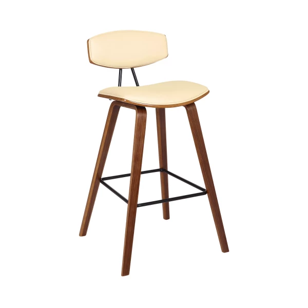 Fox 28.5" Mid-Century Bar Height Barstool in Cream Faux Leather with Walnut Wood