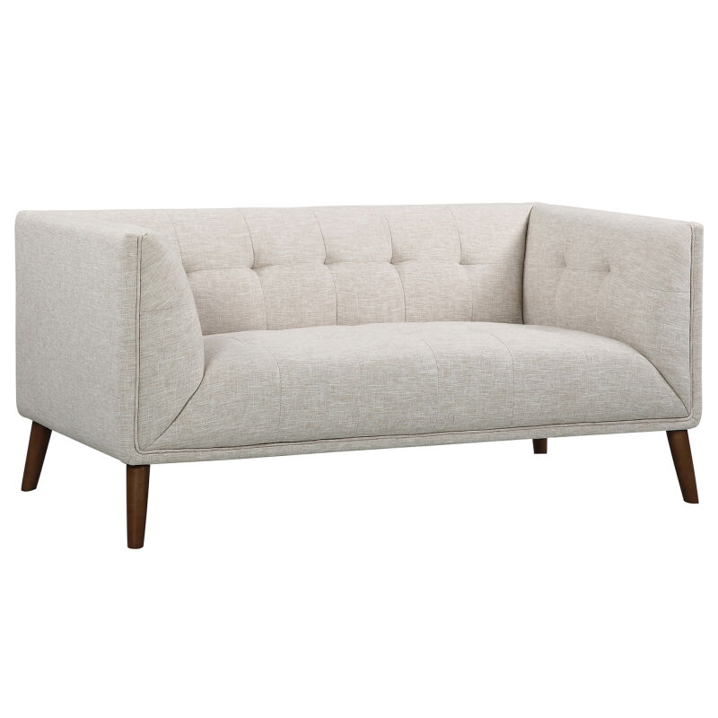 LCHU2BE Hudson Mid-Century Button-Tufted Loveseat in Beige Linen and Walnut Legs