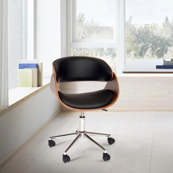 LCJUOFCHBL Julian Modern Office Chair In Chrome Finish with Black Faux Leather And Walnut Veneer Back