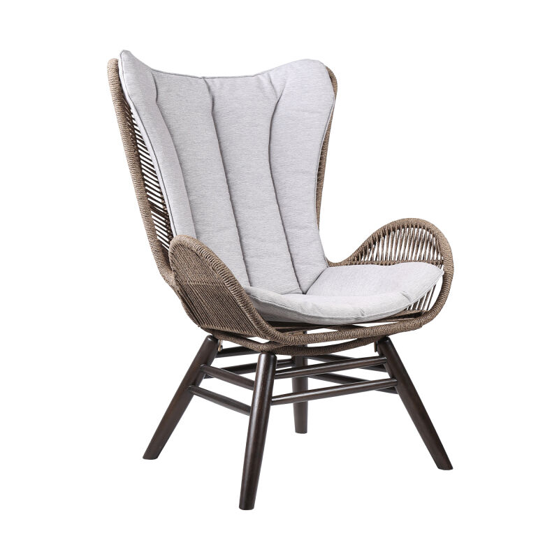 LCKGCHTRU King Indoor Outdoor Lounge Chair in Dark Eucalyptus Wood with Truffle Rope and Grey Cushion