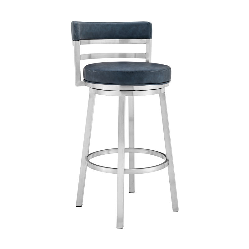 Madrid Contemporary Counter Height Barstool in Brushed Stainless Steel Finish and Faux Leather in Blue 26