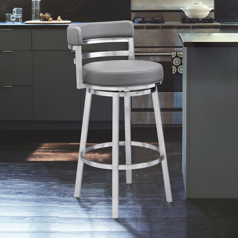 LCMABABSGR26 Madrid Contemporary 26" Counter Height Barstool in Brushed Stainless Steel Finish and Gray Faux Leather
