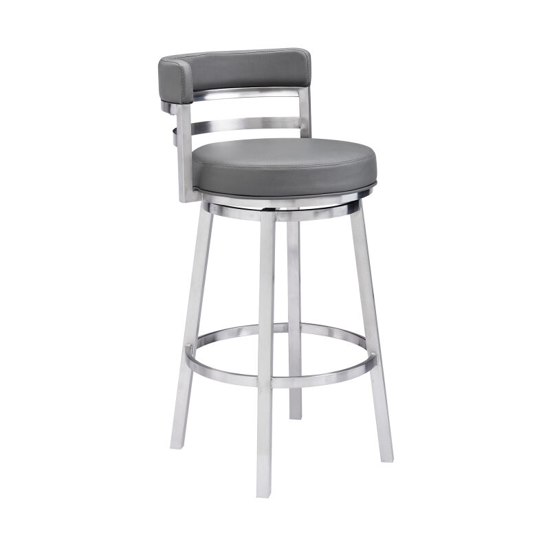 LCMABABSGR26 Madrid Contemporary 26" Counter Height Barstool in Brushed Stainless Steel Finish and Gray Faux Leather