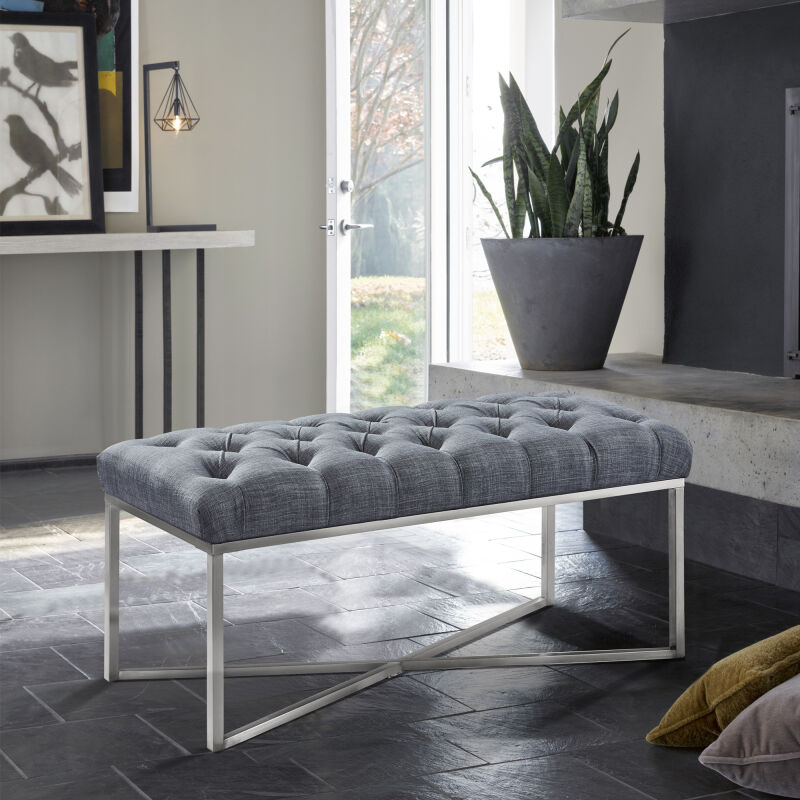 LCNLBELISL Noel Contemporary Bench in Slate Gray Linen and Brushed Stainless Steel Finish