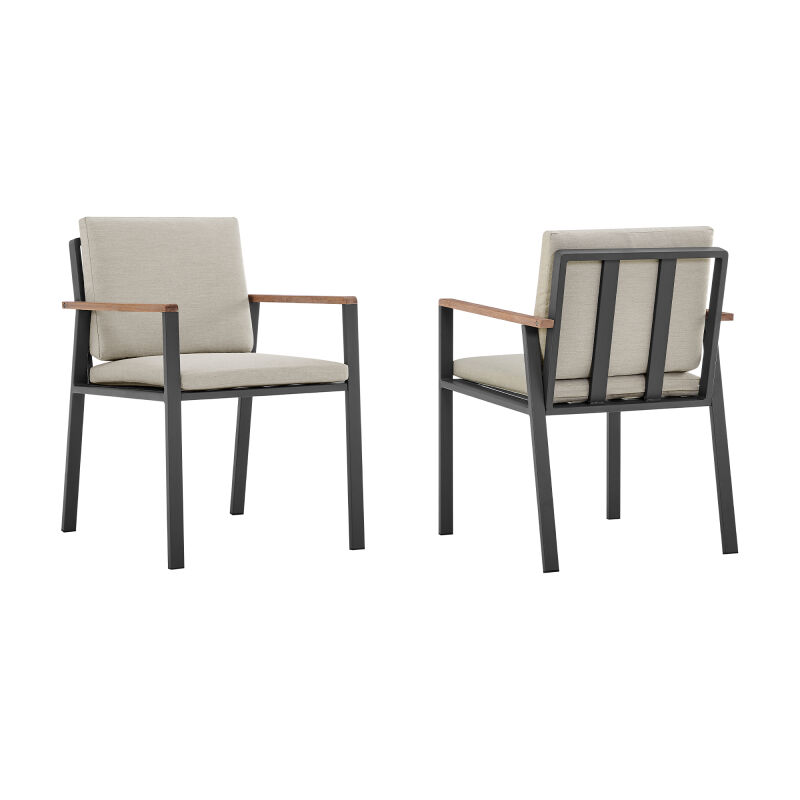 LCNOCHBE Nofi Outdoor Patio Dining Chair in Charcoal Finish with Taupe Cushions and Teak Wood Accent Arms  - Set of 2