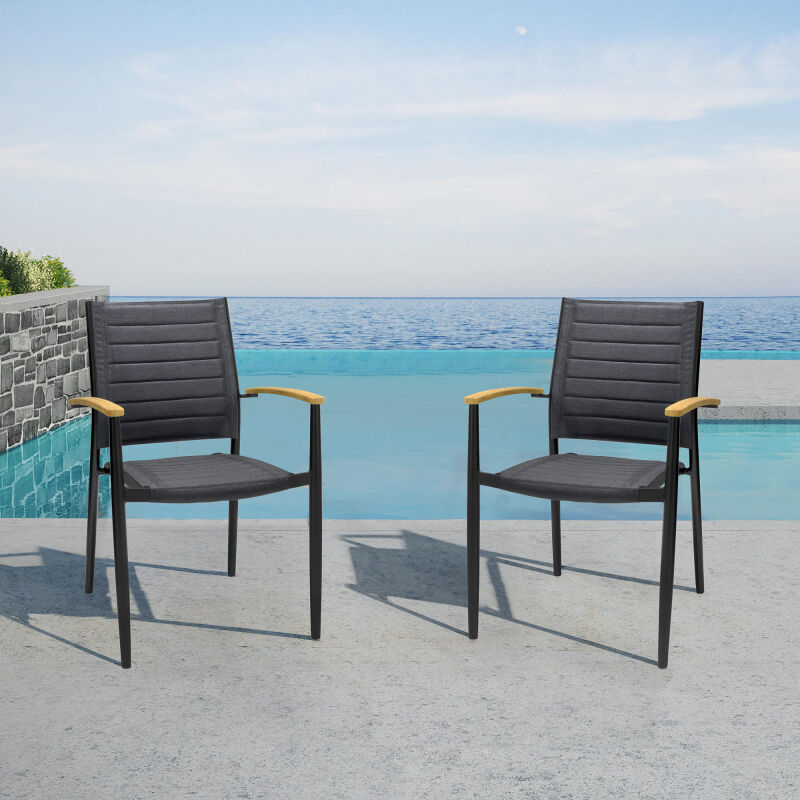 LCPDCHBLACK Portals Outdoor Black Aluminum Stacking Dining Chair with Teak Arms - Set of 2