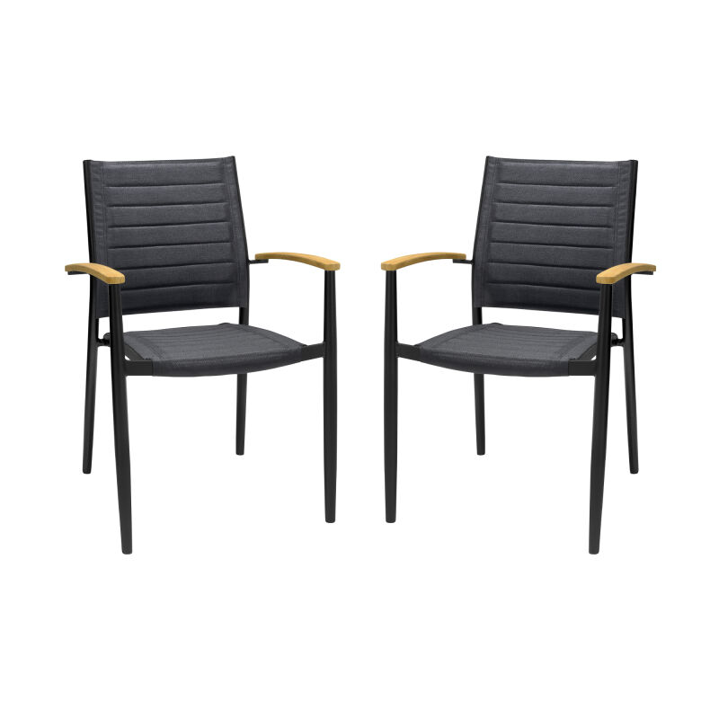 Portals Outdoor Black Aluminum Stacking Dining Chair with Teak Arms - Set of 2