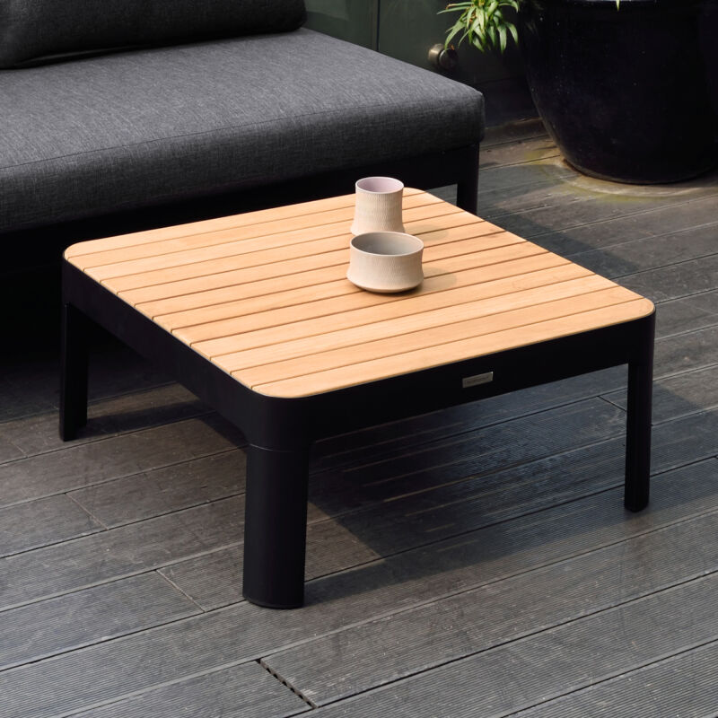 LCPDCODK Portals Outdoor Square Coffee Table in Black Finish with Natural Teak Wood Top
