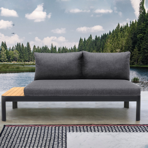 LCPDSODK Portals Outdoor Sofa in Black Finish with Natural Teak Wood Accent and Grey Cushions