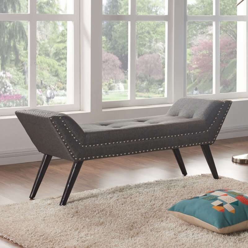 LCPOBECH Porter Ottoman Bench in Charcoal Fabric with Nailhead Trim and Espresso Wood Legs