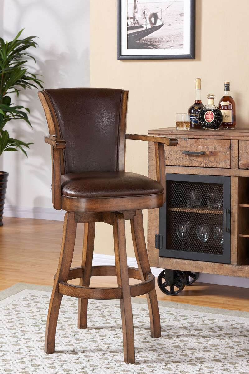 LCRABAARKACH30 Raleigh Arm 30" Bar Height Swivel Wood Barstool in Chestnut Finish and Kahlua Faux Leather
