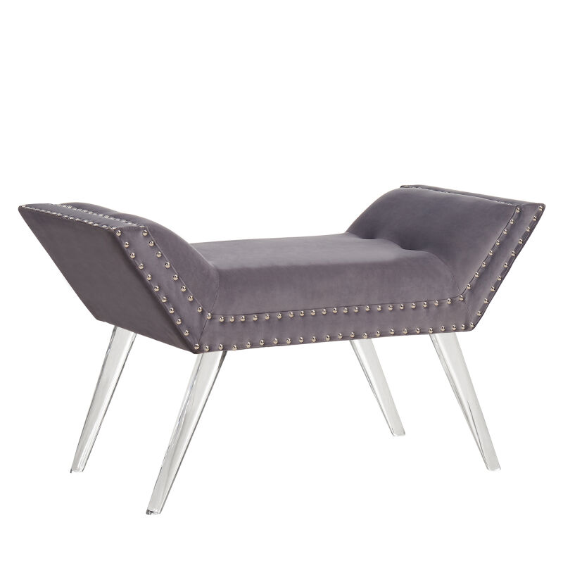 LCSIBEGRAY Silas Ottoman Bench in Gray Tufted Velvet with Nailhead Trim and Acrylic Legs