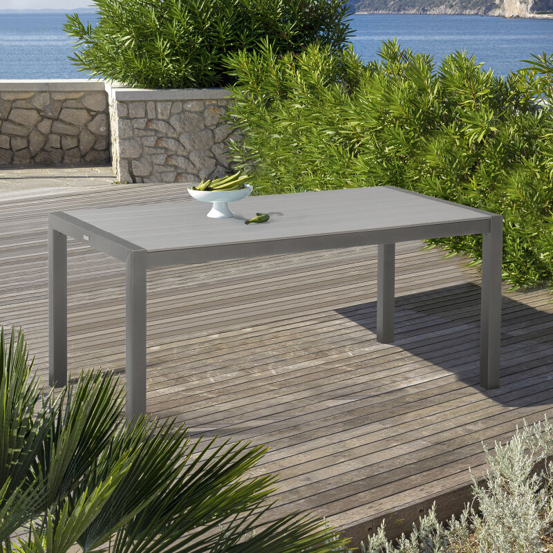 LCSLDIGR Solana Outdoor Rectangular Aluminum Dining Table in Cosmos Grey Finish with Wood Top