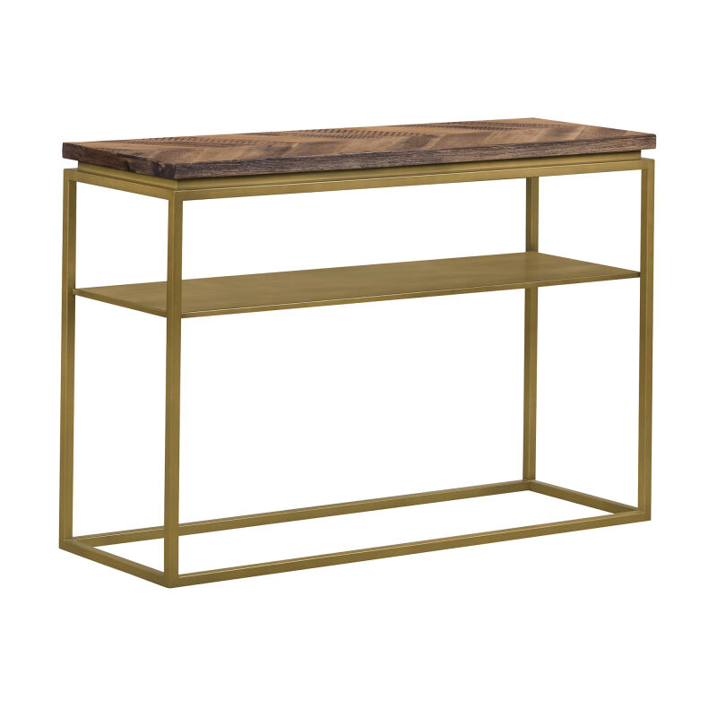 LCTRCNRU Faye Rustic Brown Wood Console Table with Shelf and Antique Brass Metal Base