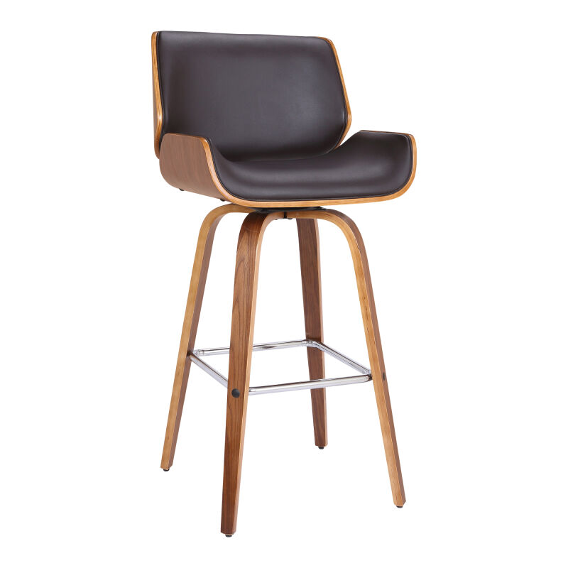 LCTYBABRWA26 Tyler 26" Mid-Century Swivel Counter Height Barstool in Brown Faux Leather with Walnut Veneer
