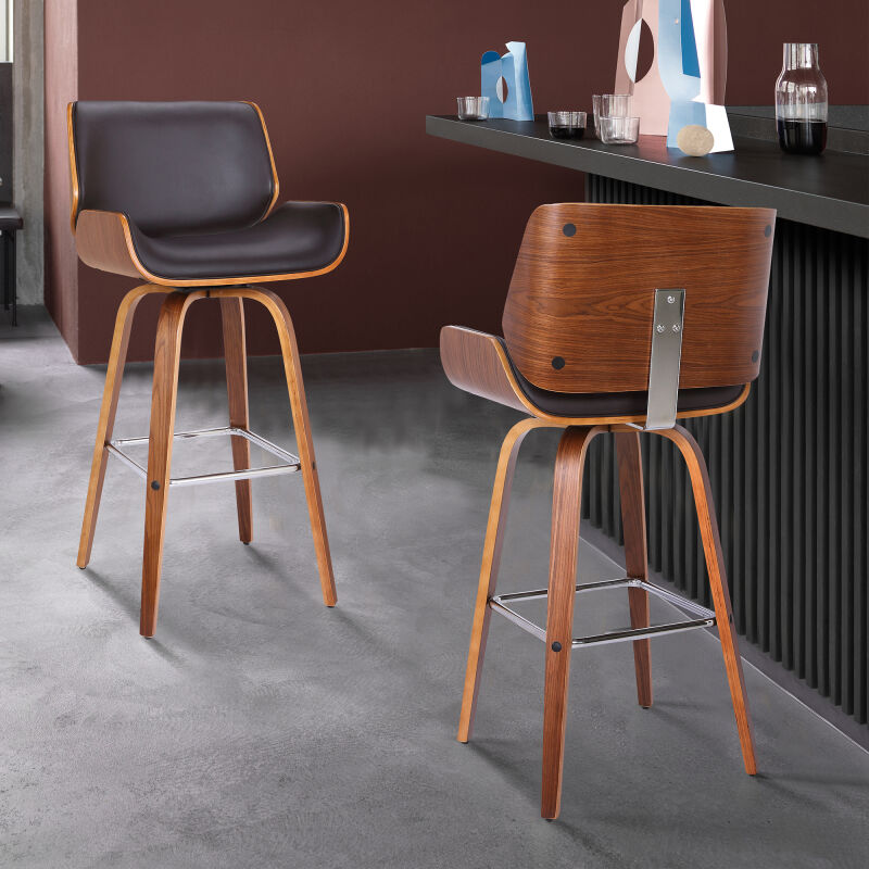 LCTYBABRWA30 Tyler 30" Mid-Century Swivel Bar Height Barstool in Brown Faux Leather with Walnut Veneer