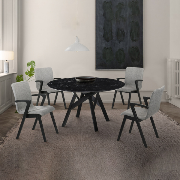 Lcvediblk Venus 54 Round Mid Century Modern Black Marble Dining Table With Black Wood Legs