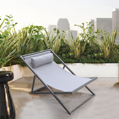 LCWALOGR Wave Outdoor Patio Aluminum Deck Chair in Grey Powder Coated Finish with Grey Sling Textilene