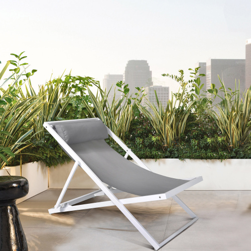 LCWALOWH Wave Outdoor Patio Aluminum Deck Chair in White Powder Coated Finish with Grey Sling Textilene