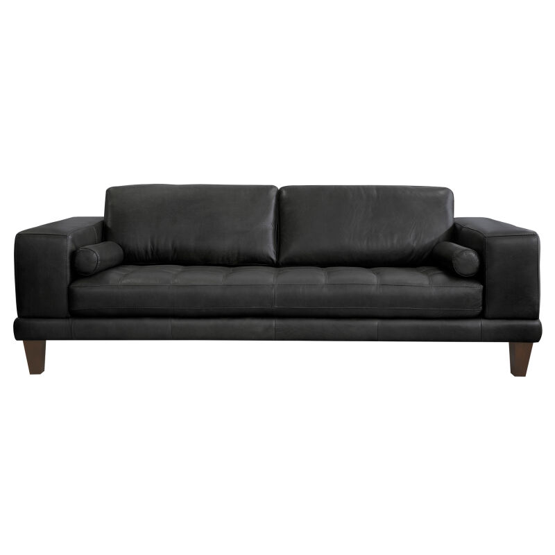 LCWY3BLACK Wynne Contemporary Sofa in Genuine Black Leather with Brown Wood Legs