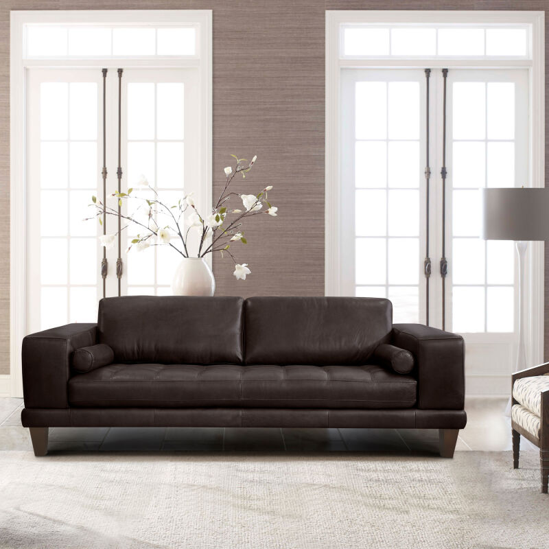 LCWY3BROWN Wynne Contemporary Sofa in Genuine Espresso Leather with Brown Wood Legs