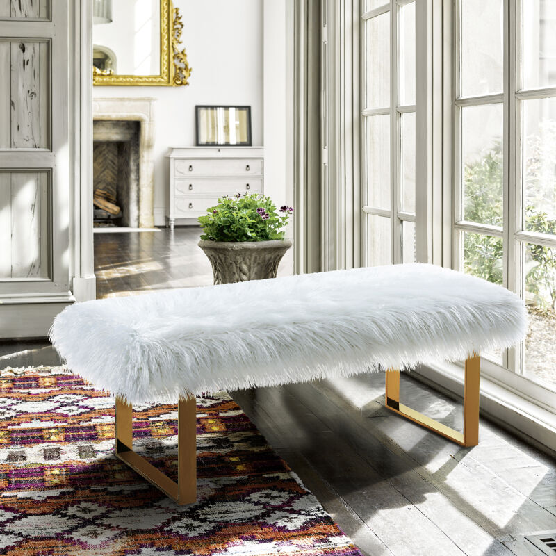LCZNBEWH Zinna Contemporary Bench in White Fur and Gold Stainless Steel Finish