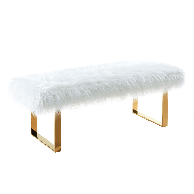 LCZNBEWH Zinna Contemporary Bench in White Fur and Gold Stainless Steel Finish