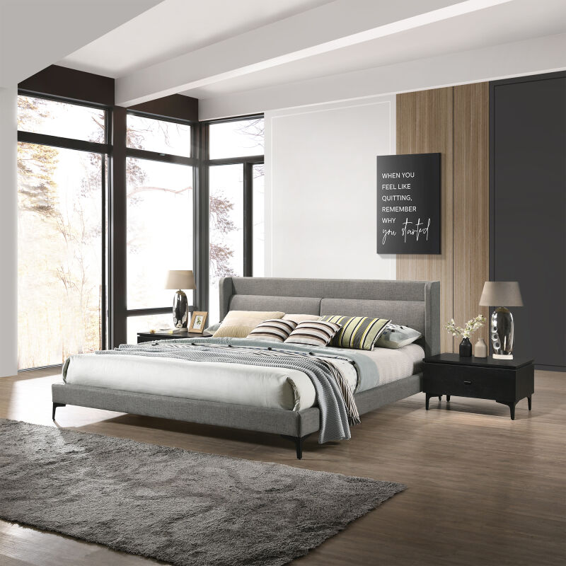 SETLEBDCHKG3A Legend 3 Piece Gray Fabric King Platform Bed and Nightstands Bedroom Set