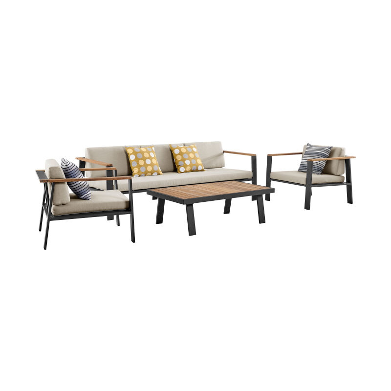 SETODNOBE Nofi 4 piece Outdoor Patio Set in Charcoal Finish with Taupe Cushions and Teak Wood