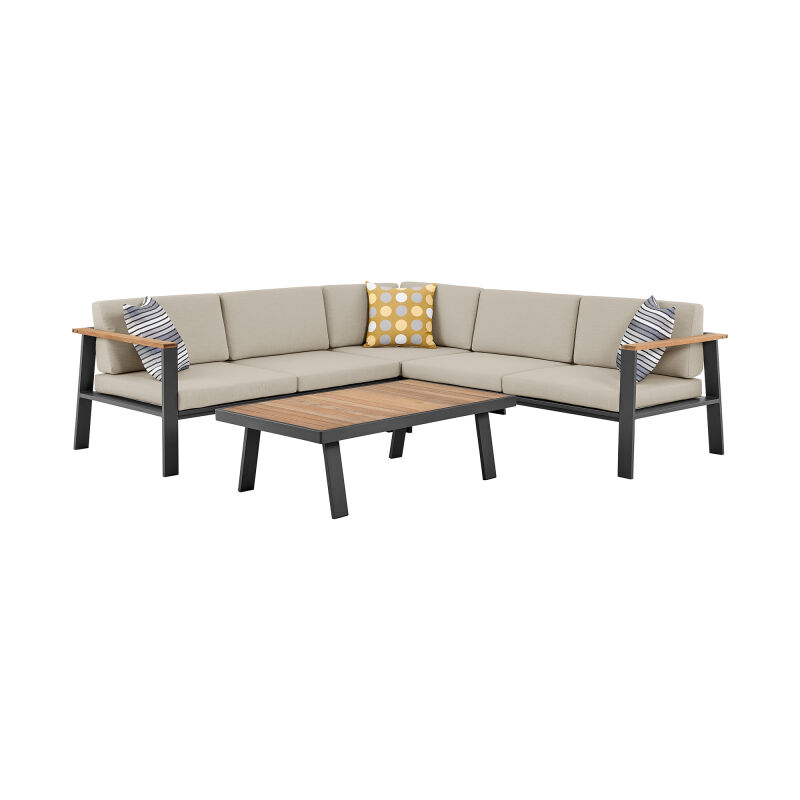 SETODNOSEBE Nofi Outdoor Patio Sectional Set in Charcoal Finish with Taupe Cushions and Teak Wood