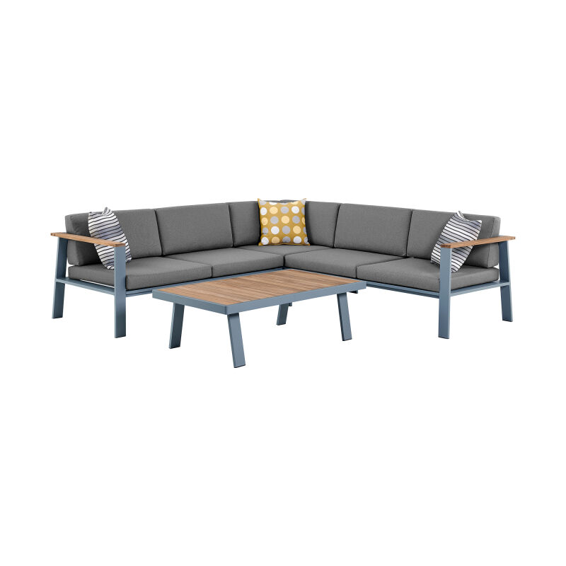 SETODNOSEGR Nofi Outdoor Patio Sectional Set in Gray Finish with Gray Cushions and Teak Wood