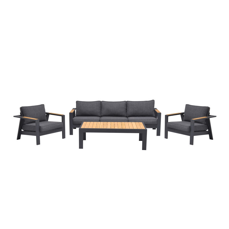 SETODPA4GR Palau 4 Piece Outdoor Sofa Set in Dark Grey with Natural Teak Wood Accent Top