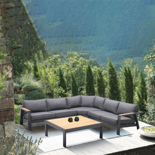 SETODPASE4GR Palau 4 Piece Outdoor Sectional Set with Cushions in Dark Grey and Natural Teak Wood Accent