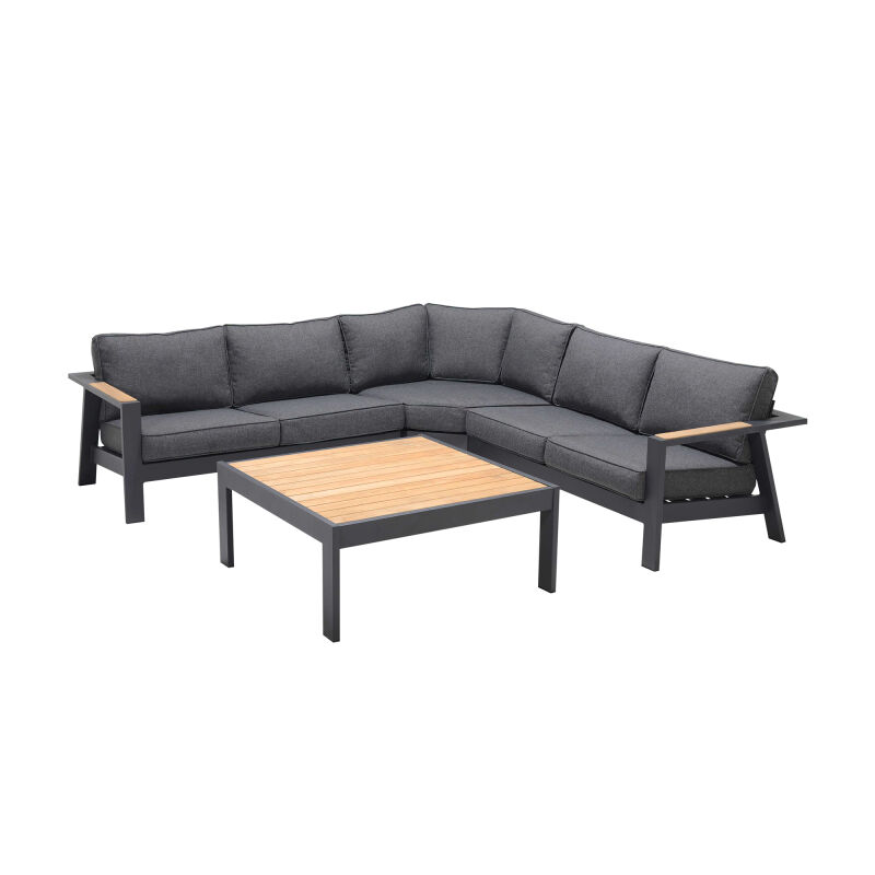 SETODPASE4GR Palau 4 Piece Outdoor Sectional Set with Cushions in Dark Grey and Natural Teak Wood Accent