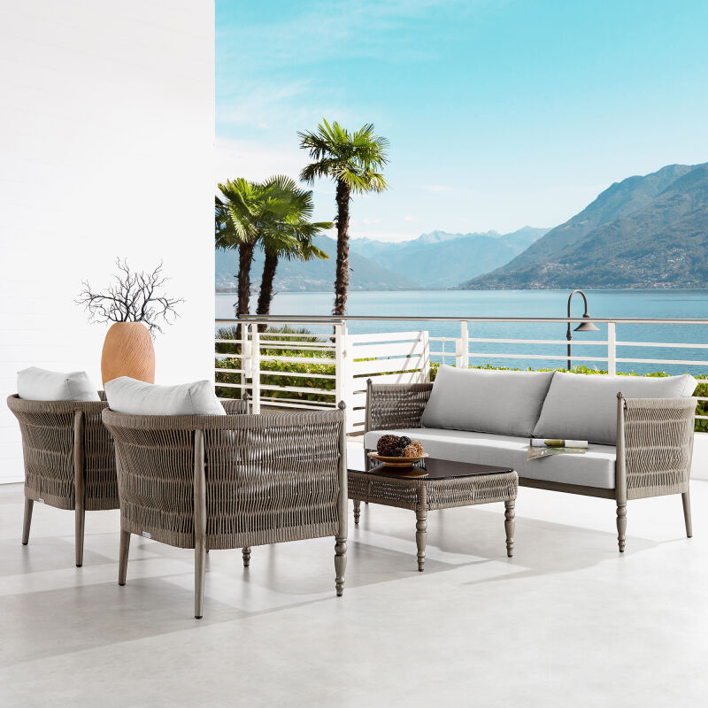 SETODSABR Safari 4 Piece Outdoor Aluminum and Rope Seating Set with Beige Cushions