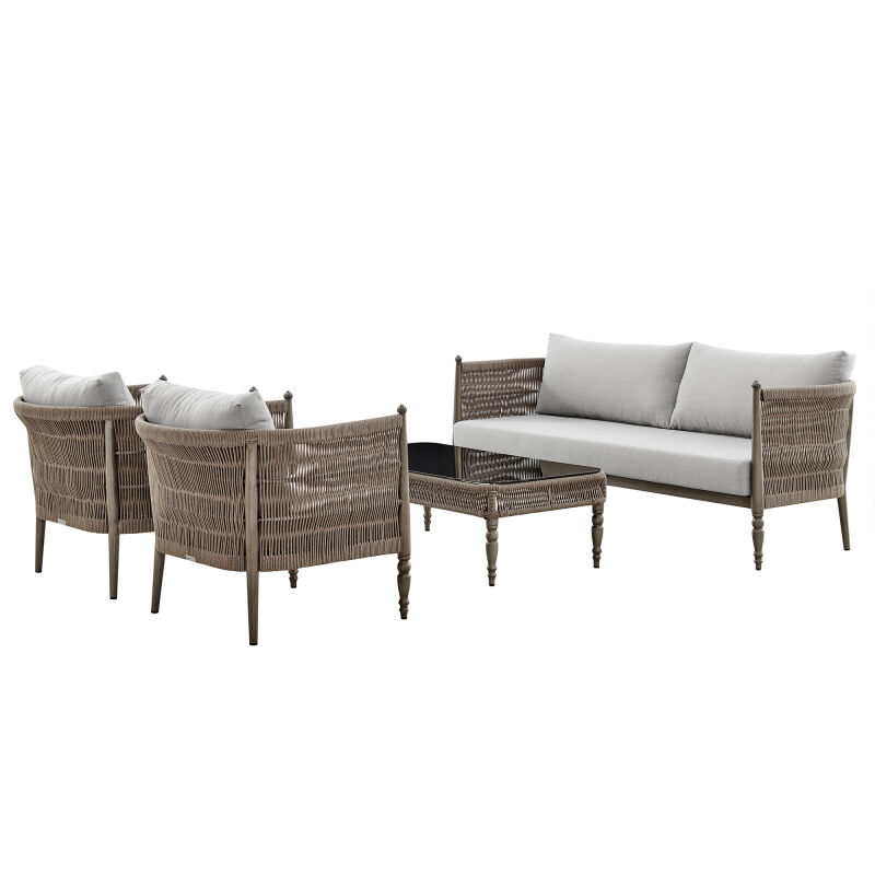 SETODSABR Safari 4 Piece Outdoor Aluminum and Rope Seating Set with Beige Cushions