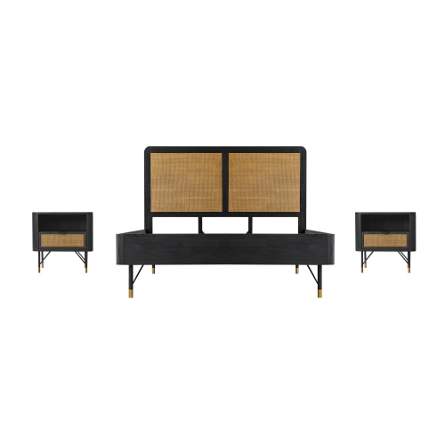 SETSRBDQN3A Saratoga 3 Piece Queen Bedroom Set in Black Acacia Wood and Rattan