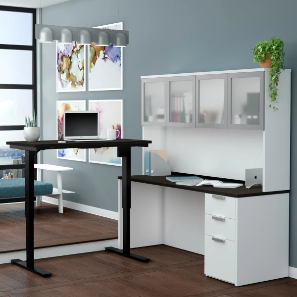 110897-17 Bestar Pro-Concept Plus 72W L-Shaped Standing Desk with Hutch in white & deep grey